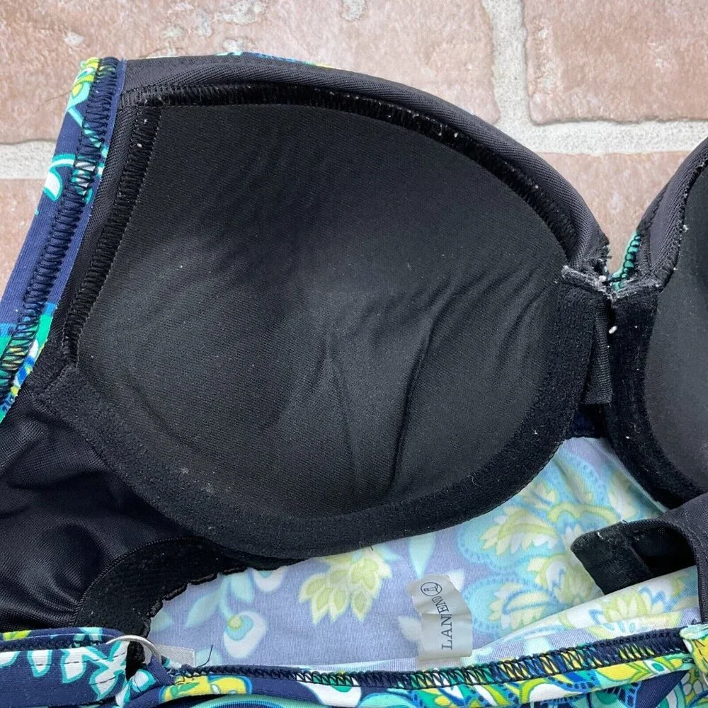 Lands End Tankini Top Women 30D/32C Blue‎ Green Floral Twist Underwire Pads Bra